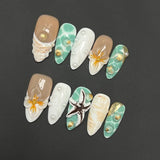 Qfdian  10pcs Handmade Press on Nails Ocean Starfish Shell Design Fake Nail Tips Wearable Reusable 3D Flower French Almond  False Nails