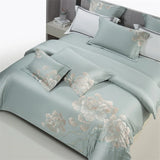 Qfdian 4Pcs Luxury Flowers Embroidery 1400TC Egyptian Cotton Red Wedding Bedding Set Duvet Cover Set Flat/Fitted Bed Sheet Pillowcases