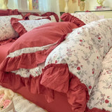 Qfdian  Korean Style Floral Double Gauze Bedding Set 3pcs/4pcs Soft Breathable Cotton Duvet Cover Sheet Girly Dorm Home Textile