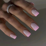 Qfdian 24Pcs Shiny Pearl Wearable False Nails Short Square Fake Nail Simple Summer Press on Nails Detachable Full Cover Nail Tips
