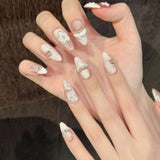 Qfdian  10pcs Handmade Almond Press on Nails with 3D White Petals Design Fake Nails Wearable Detachable Pink Cat Eye French False Nails
