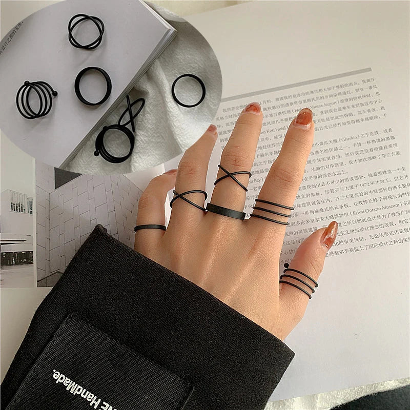 Fashion Women Ring Set Punk Cool Anillos Vintage Simple Black Cross Chain Joint Rings Sets Women Accessories Jewelry Gifts Party