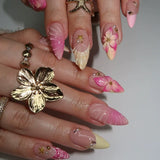 Qfdian  24Pcs Mid-length 3D Flowers Design Fingertips Sweet Butterfly Yellow Ripple Almond False Nails Detachable Full Cover Press Ons