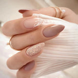 Qfdian 24Pcs Short Round Head False Nails Glitter Pink Almond Fake Nails Strawberry Full Cover Press on Nails Wearable Nail Tips