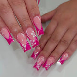 Qfdian  24Pcs Long Coffin False Nails Pink French Flowers Design Fake Nail with Butterfly Rhinestone Wearable Ballet Press on Nails