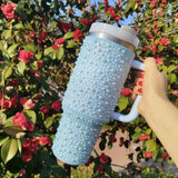 Qfdian  Diamond Thermos Cup With Handle 304 Stainless Steel Vacuum Flasks Portable Car Coffee Cup Insulated Thermal Water Bottles