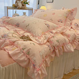 Qfdian 2/3Pc Korean Princess Style Floral Ruffles Bedding Set Single Queen Size Soft Skin-friendly Washed Cotton Duvet Cover Pillowcase