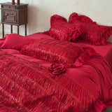 Qfdian  Red Tassel Design Lace Ruffles Princess Wedding Bedding Set Egyptian Cotton Duvet Cover Flat Bed Sheet Pillowcases 4Pcs