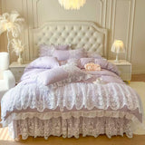 Qfdian 4/6Pcs Pink Princess Wedding Lace Embroidery Korean Style Bedding Set King Queen Size Duvet Cover Bed Skirt Bedspread Pillowcase