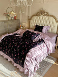 Qfdian 1000TC Egyptian Cotton Vintage Rose Prints Pleated Ruffles Purple Bedding Set Duvet Cover Flat/Fitted Bed Sheet Pillowcases 4Pcs