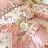 Qfdian 100% Cotton Korean Princess Style Rose Flower Print Ruffles Bedding Set Duvet Cover Bed Sheet/Fitted Sheet/Bed Skirt Pillowcases