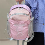 Qfdian  Women Students Travel Bags Patchwork Contrast Color Schoolbags Preppy Chic Kawaii Bow Embroidery Backpacks Y2k Aesthetic Fashion