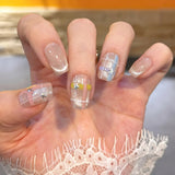 Qfdian  10pcs Colorful Plaid Press on Nails Shiny Cat Eye False Nails Silver Star Nail Cute Sweet Short Square Press on Nails for Girl