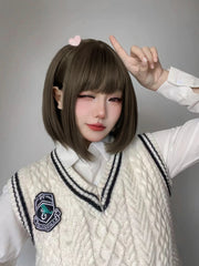 Qfdian 12Inch Lolita Tea Brown Preppy Style Synthetic Wigs With Bang Short Natural Straight Hair Wig For Women Daily Use Heat Resistant