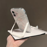 Qfdian Pink Bow Moon Stars Bracket Phone Case For iPhone 16 Pro Max 15 14 13 12 11 Clear Shokcproof Back Cover With Folded Holder Stand