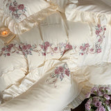 Qfdian Rose Flowers Embroidery Lace Ruffles Luxury Bedding Set 1000TC Egyptian Cotton Duvet Cover Set Flat/Fitted Bed Sheet Pillowcases