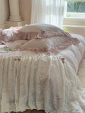 Qfdian French Lace Ruffles Princess Wedding Bedding Set Pure Cotton Double Layer Yarn Soft Duvet Cover Flat/Fitted Bed Sheet Pillowcase
