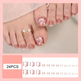 Qfdian  24pcs Light Pink Cat's Eye Press On Nails For Foot Simple Red Wave Point Decor False Toenails Korean Style Summer Fake Toenail
