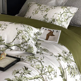 Qfdian Vintage Green Botanical Flowers Duvet Cover Set 600TC Egyptian Cotton Luxury Soft Bedding Set Fitted Sheet Bed Sheet Pillowcases