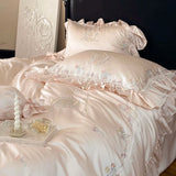 Qfdian 800TC Lyocell Bamboo Fiber Soft Silky Bedding Set Rose Floral Embroidery Lace Ruffles Duvet Cover Flat/Fitted Sheet Pillowcases