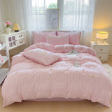 Qfdian  Korean Princess Style Pink Sweet Seersucker Bedding Set Soft Skin-friendly Duvet Cover Set Bed Sheet and Pillowcases 3/4pcs