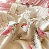 Qfdian 100% Cotton Korean Princess Style Rose Flower Print Ruffles Bedding Set Duvet Cover Bed Sheet/Fitted Sheet/Bed Skirt Pillowcases