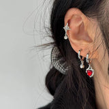 Qfdian  6PS Goth Trendy Red Crystal Star Moon Cross Tassel Pendant Earring Set For Women Men Vintage Punk Y2K Grunge Jewelry Accessories