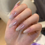 Qfdian  10pcs Nude Pink Gradient Press on Nails Glossy Crystal Cat Eye Nail Gentle Rhinestone False Nails Cream French Almond Fake Nails