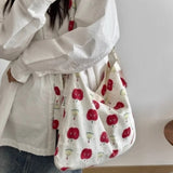 Qfdian Fashion Women Sweet Kawaii Print Handbags Y2k Aesthetic Chic Preppy Cute Canvas Bags Office Lady All Match Shoulder Underarm Bag