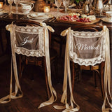 Qfdian  2pcs Personalized Lace Just Married Chair Sign for Bride & Groom Wedding Sheer Lace Signs Custom Wedding Chair Banners