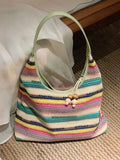 Contrast Color Rainbow Striped Women Top-Handle Bags Fashion Y2k Sweet Shoulder Underarm Bag Casual Shopping Purses and Handbags