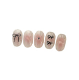 Qfdian 10Pcs Pink Handmade Press on Nails Short Blush Artificial False Nail Tips Black Bow Designed Sweet Girl Full Cover Fingernail