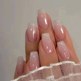 Qfdian 24Pcs Simple French Fake Nail with Gradient White Design Short Square Head False Nails Wearable Finished Manicure Press on Nails