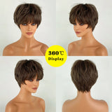 Qfdian  Brown Short Straight Hair Women Wigs with Bangs Thick Pixie Cut Synthetic Wig Heat Resistant Neuter Style Fake Hair