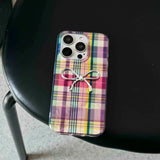 Qfdian Ins colorful autume winter check cover for iphone 13 16 15promax 16pro 14pro 15 pro max 12 14 3d plating bowknot phone case