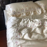 Qfdian 800TC Lyocell Bamboo Fiber Soft Silky Bedding Set Rose Floral Embroidery Lace Ruffles Duvet Cover Flat/Fitted Sheet Pillowcases