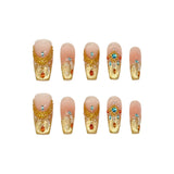 Qfdian  10pcs Handmade Luxury Press On Nails With Glitter Rhinestones Decor French Fake Nails Pink Gold Gradient Glitter False Nail Art