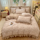 Qfdian  Korean Style Floral Double Gauze Bedding Set 3pcs/4pcs Soft Breathable Cotton Duvet Cover Sheet Girly Dorm Home Textile