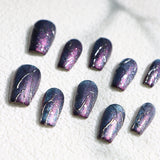 Qfdian Luxurious Handmade Press on Nails Fake Nails Blue Purple Quicksand Cat Eye Wearable Nails for Men Women Designed with Glitter