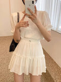 Qfdian  Korean Unique Bubble Sleeve Top High Waisted Wooden Ear Skirt Two-piece Set Sweet Summer Women's Fashion Solid Color Set Skirt
