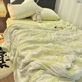 Qfdian 4ps INS Girl Blue Bedding Sets Solid Color Seersucker Ruffles Lace Kawaii Soft Sheet Woman Duvet Cover Pillow Covers Quilt Cover