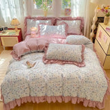 Qfdian  Korean Style Floral Double Gauze Bedding Set 3pcs/4pcs Soft Breathable Cotton Duvet Cover Sheet Girly Dorm Home Textile