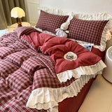 Qfdian  Plaid Bedding Set Vintage Lace Ruffles Duvet Cover Set Flat Sheets Set 2 Pillowcases Single Twin Full Queen Size Bed Set 3/4Pcs