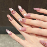 Qfdian  10pcs Handmade Press On Nails Glossy Magic Mirror Pink Cat's Eye Fake Nail Hand-painted Exquisite Flower Charm Almond False Nail