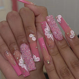 Qfdian 24Pcs Pure White French Press on Nails Long Square Head False Nails with Pearl Pink Bow Design Ballet Wearable Fake Nails