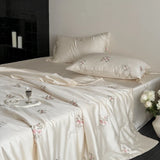 Qfdian 60S Lyocell Bamboo Fiber Flower Embroidery Summer Quilt Bedding Set Soft Silky Thin Comforter Blanket With Bed Sheet Pillowcases