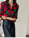 Qfdian  Black Printed Blouse Women Turn-Down Collar Single-Breasted Rose Floral Shirts Long Sleeve Fashion Tops Ladies Workwear