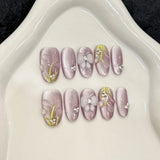 Qfdian  10pcs Crystal Butterfly Handmade False Nails Clear Transparent Purple Cat's Eye Fake Nail With Tulip Flower Press On Nail Almond