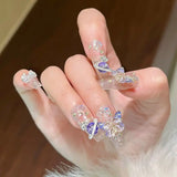 Qfdian 10Pcs Handmade Press On Nails Big Planet Designed Fake Nails with Butterfly Art Glitter False Coffin Nails Diamond Wearable Tips