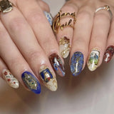 Qfdian  24pcs Smudging Blue False Nails Gentle Almond Gold Star Patterns Press On Nails Romantic Wearable Fake Nail Spicy Girl Manicure